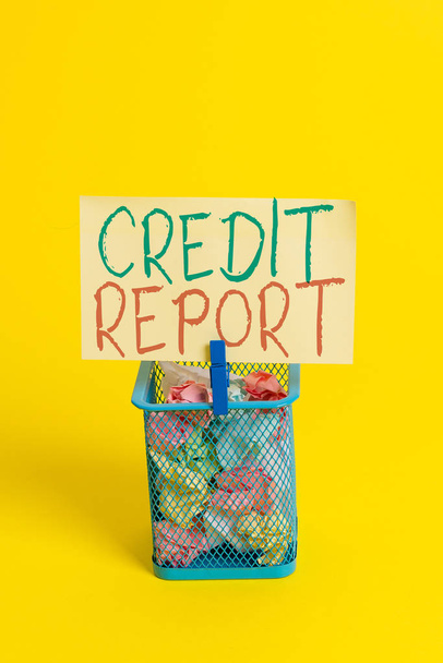 Handwriting text Credit Report. Concept meaning Borrowing Rap Sheet Bill and Dues Payment Score Debt History Trash bin crumpled paper clothespin empty reminder office supplies yellow. - Photo, Image