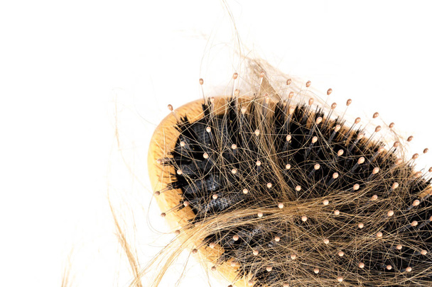 Wood hairbrush on white background. Close-up with long brown hair - Foto, Bild