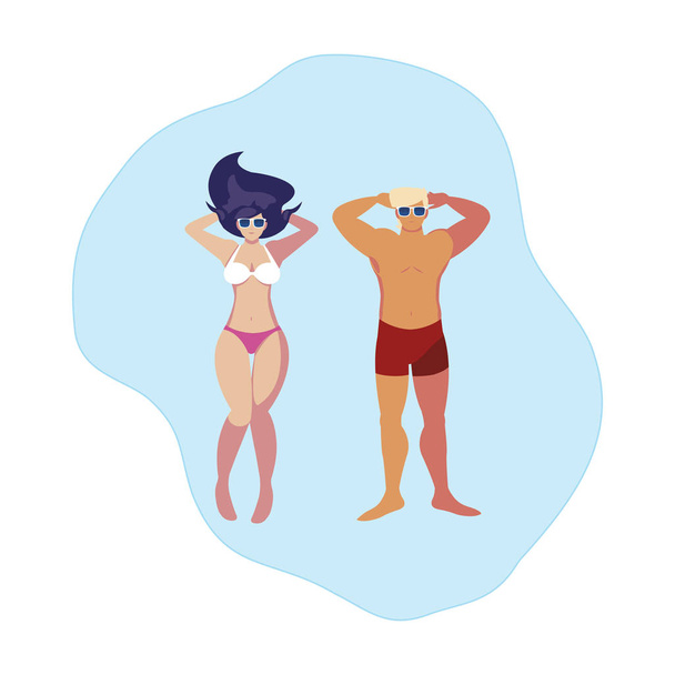 fiatal pár fürdőruhában úszó vízben - Vektor, kép