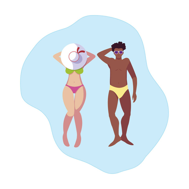 interracial couple with swimsuit floating in water - Vector, Image