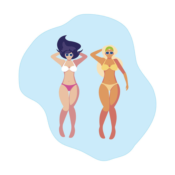 belle ragazze coppia con costumi da bagno galleggianti in acqua
 - Vettoriali, immagini
