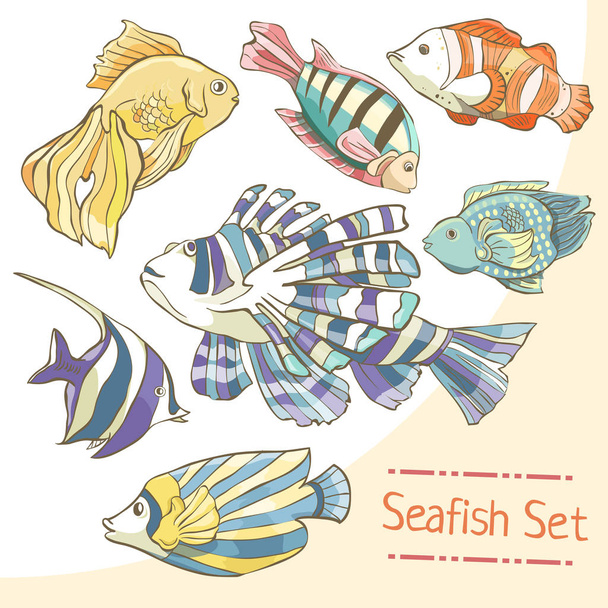 Conjunto de peixes marinhos coloridos desenhados à mão sobre fundo branco. Coleção de peixes brilhantes
 - Vetor, Imagem