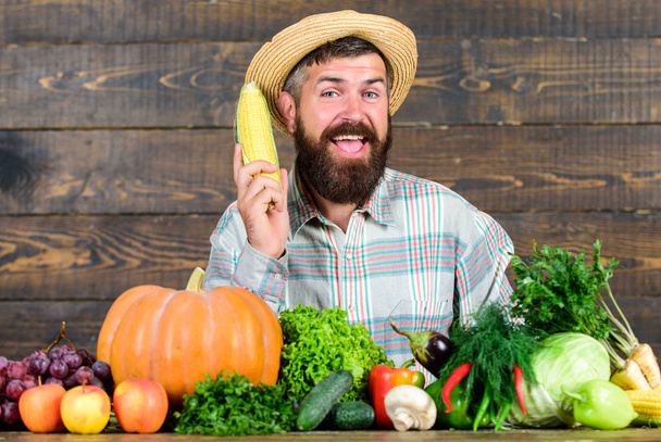Farmer hold corncob or maize wooden background. Farmer presenting organic homegrown vegetables. Grow organic crops. Community gardens and farms. Healthy lifestyle. Homegrown organic harvest benefits - Фото, зображення