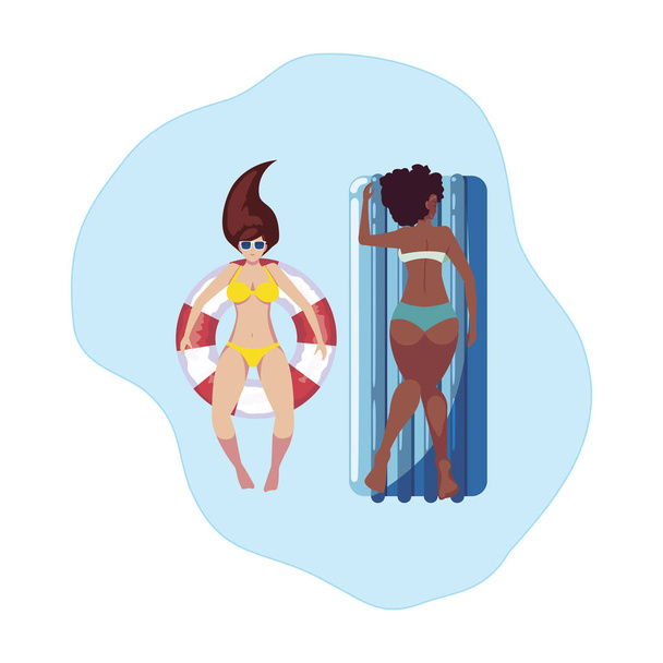interracial girls with swimsuit and lifeguard float in water - Vector, Image