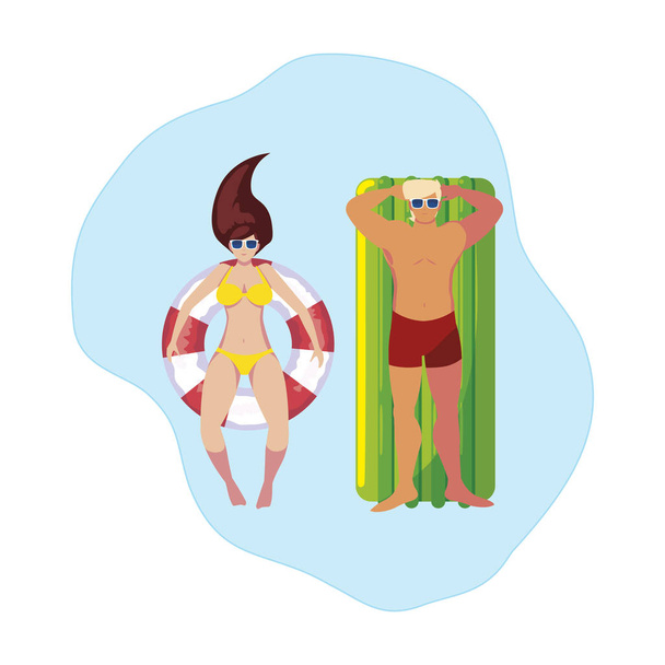 young couple with float mattress in water - Vector, Image