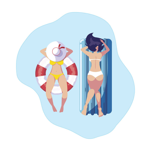 ragazze con costume da bagno in bagnino e materasso galleggianti in acqua
 - Vettoriali, immagini