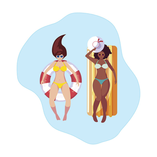 міжрасові дівчата з купальником і рятувальником плавають у воді
 - Вектор, зображення