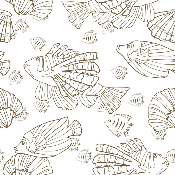 Seamless pattern with hand drawn sea fish and shells. Sea wallpaper. Vector illustration.Page of coloring book - Vettoriali, immagini