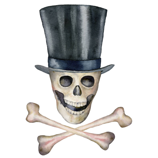 Akwarela Halloweenowa karta z wesołą rogą i kapeluszem. Ręcznie malowane świąteczny szablon z czaszki i kości na białym tle. Ilustracja do projektowania, drukowania lub tła. - Zdjęcie, obraz