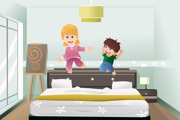 děti skákat na posteli - Vektor, obrázek