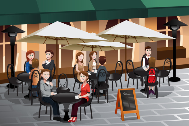 People enjoying coffee outside of a cafe - Vector, Image