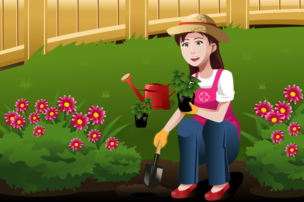 Young woman working in the yard - Vector, Image