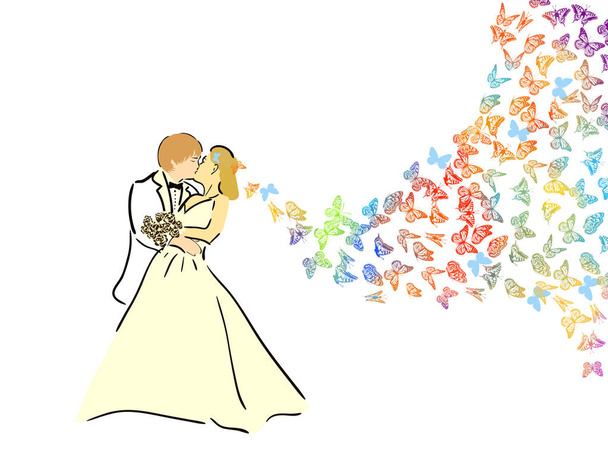 Bride and Groom Silhouette. Muitas borboletas voadoras. Ilustração vetorial
 - Vetor, Imagem