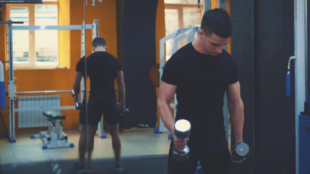 Young beauty trainer in the gym. During this time, the athlete regularly conducts training with dumbbells. Dressed in a black t-shirt. - Filmagem, Vídeo