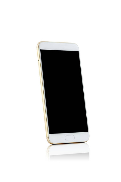 Srebrny biały nowoczesny inteligentny telefon na białym tle. Pusty ekran dla Mocku - Zdjęcie, obraz