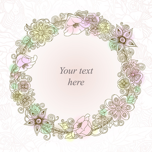 Vector floral card, hand drawn retro flowers and leaves in circle - Vecteur, image