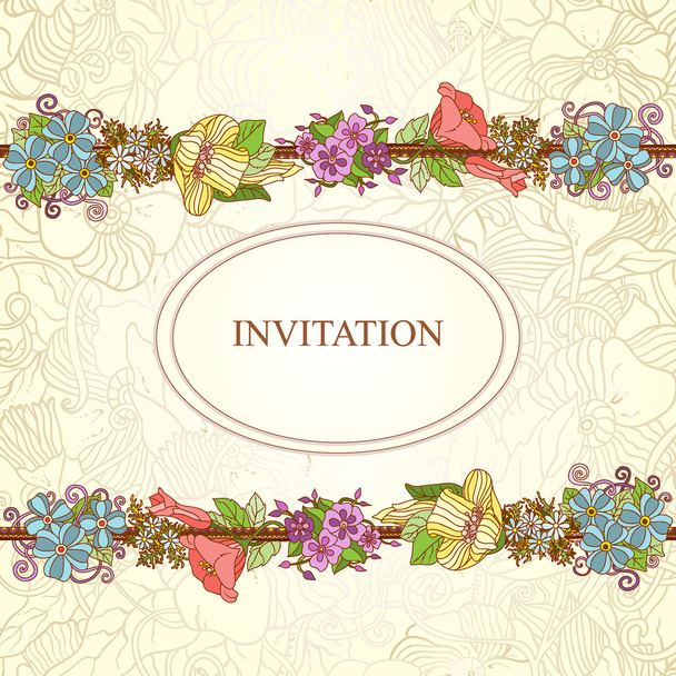 Vector floral invitation card, hand drawn retro flowers and leaves in circle - Vecteur, image