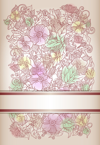 Vector floral invitation card, hand drawn retro flowers and leaves - Vetor, Imagem