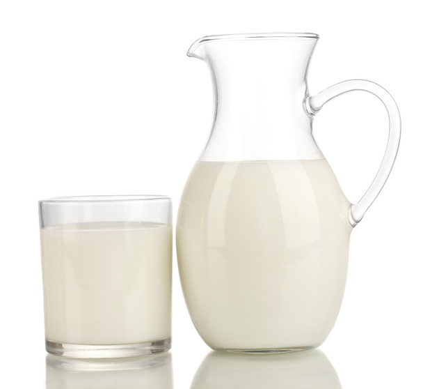 Milk in jug and glass isolated on white - Zdjęcie, obraz