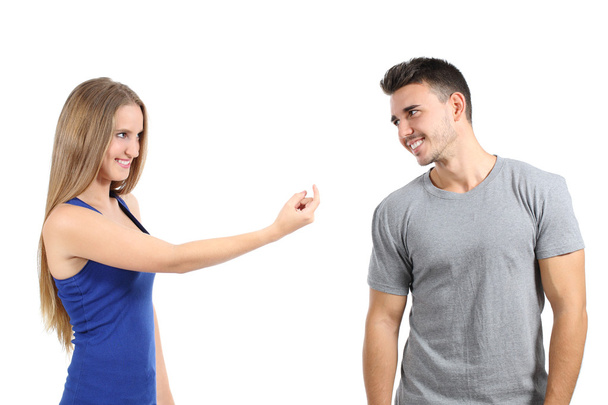 Woman gesturing beckoning to a man - Foto, Imagem