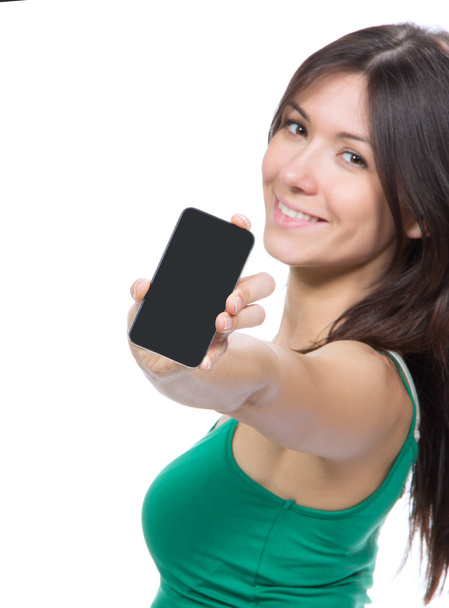Woman Showing display of her new touch mobile cell phone - Foto, immagini