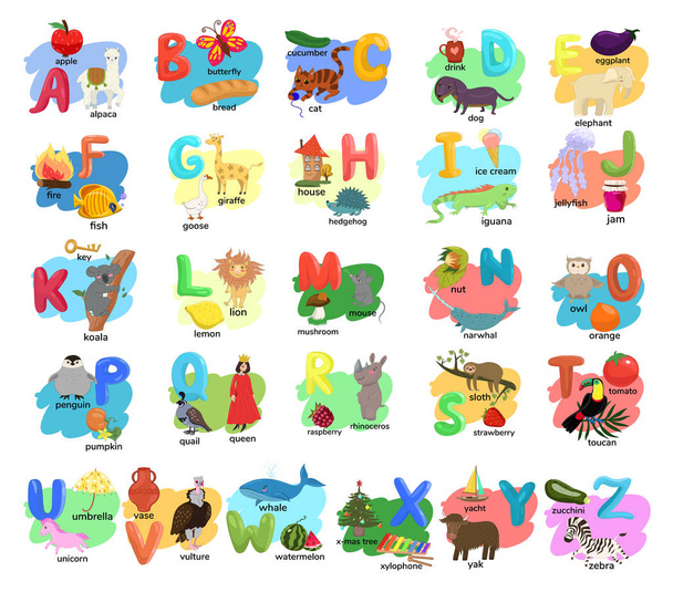 Alphabet pour enfants avec illustrations d'animaux, de personnes, d'objets, de nourriture. Graphiques vectoriels
. - Vecteur, image