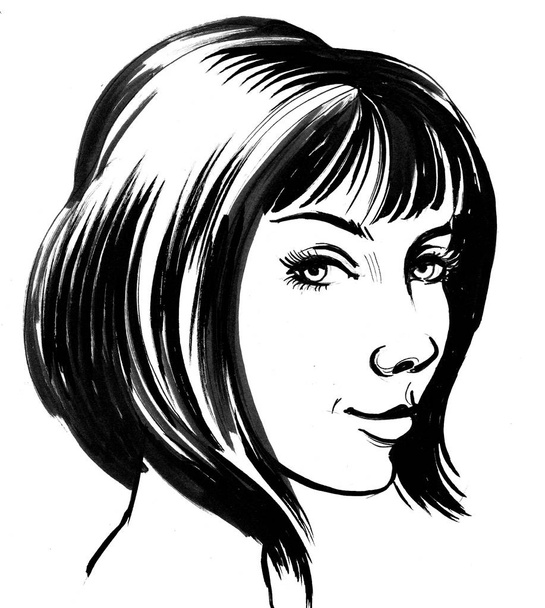 Pretty woman face. Ink black and white drawing - Photo, Image