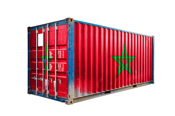  Marokon käsite vienti-tuonti, konttien kuljetus ja tavaroiden kansallinen toimitus. Kuljetuskontti Marokon lippu, näkymä edessä
 - Valokuva, kuva