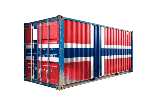  Norjan käsite vienti-tuonti, konttien kuljetus ja tavaroiden kansallinen toimitus. Kuljetussäiliö, jossa on Norjan lippu, näkymä eteen
 - Valokuva, kuva