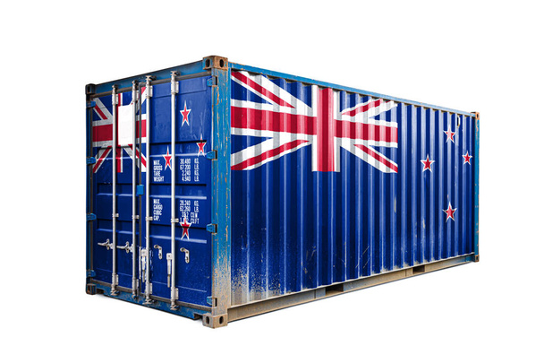  Uuden-Seelannin käsite vienti-tuonti, konttien kuljetus ja tavaroiden kansallinen toimitus. Kuljetuskontti Uuden-Seelannin lipulla, näkymä eteen
 - Valokuva, kuva