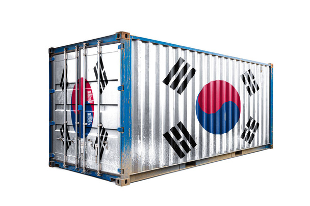  Etelä-Korean käsite vienti-tuonti, konttien kuljetus ja tavaroiden kansallinen toimitus. Kuljetuskontti, jossa on Etelä-Korean lippu, näkymä eteen
 - Valokuva, kuva