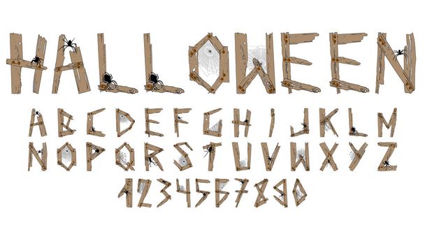 Lesní písmo vyrobené z desek s hřebíky s pavouky a pavučiny na Halloween. - Vektor, obrázek