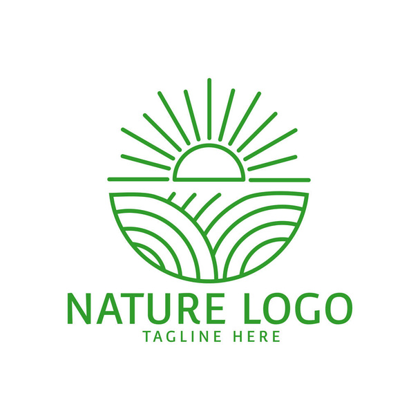 Natur Linie Logo Vorlage mit Sonne und grünem Gras - Vektor, Bild