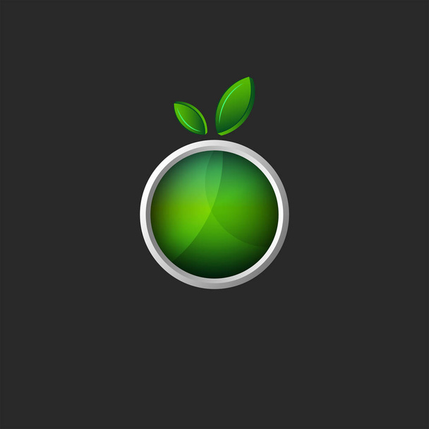 Green apple logo with leaves 3d fruit creative icon in the material design style metal frame with glass - ベクター画像