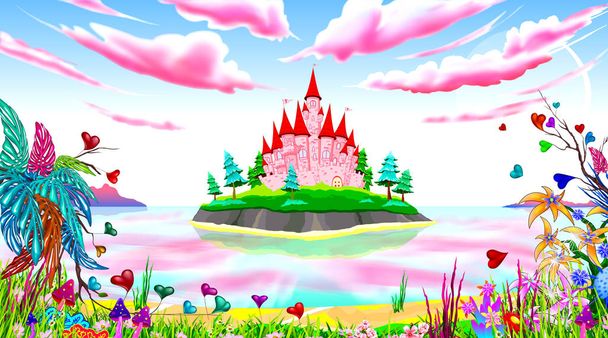 Różowy księżniczka zamek bajki krajobraz - Zdjęcie, obraz