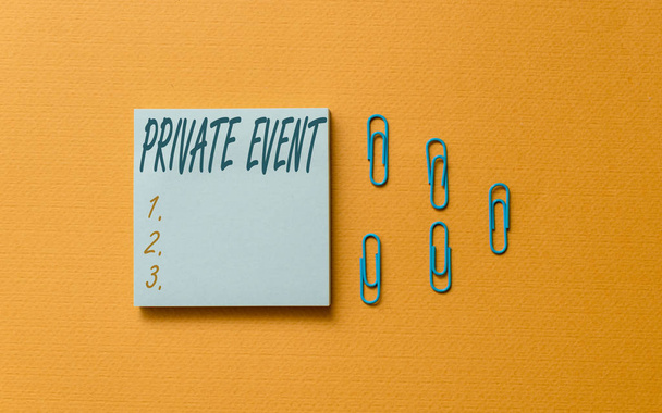 Writing note showing Private Event. Business photo showcasing Exclusive Reservations RSVP Invitational Seated Colored blank sticky note clips gathered trendy cool pastel background. - Photo, Image