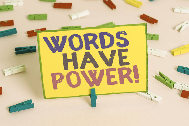 Word writing text Words Have Power. Business concept for as they has ability to help heal hurt or harm someone Colored clothespin papers empty reminder pink floor background office pin. - Fotografie, Obrázek