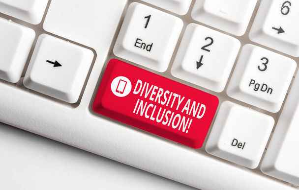 Text sign showing Diversity And Inclusion. Conceptual photo range huanalysis difference includes race ethnicity gender White pc keyboard with empty note paper above white background key copy space. - Photo, Image