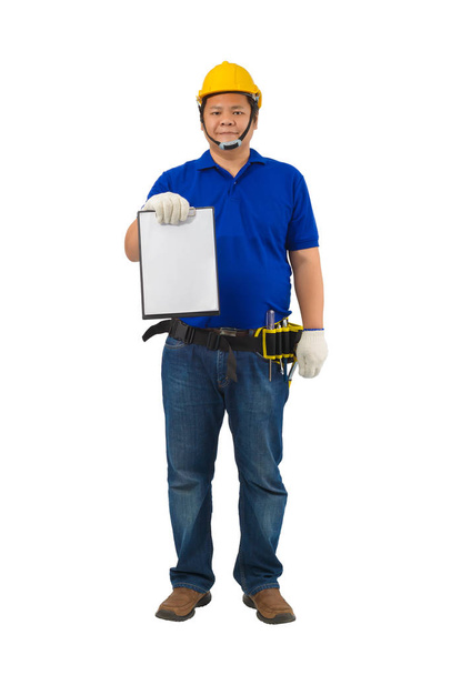 construction foreman in blue shirt with Protective gloves, helme - Photo, Image