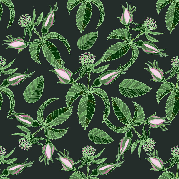 Seamless pattern with light pink buds of roses with leaves on the dark background. - Vector, Image