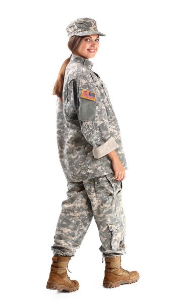 Young female soldier on white background - Foto, imagen