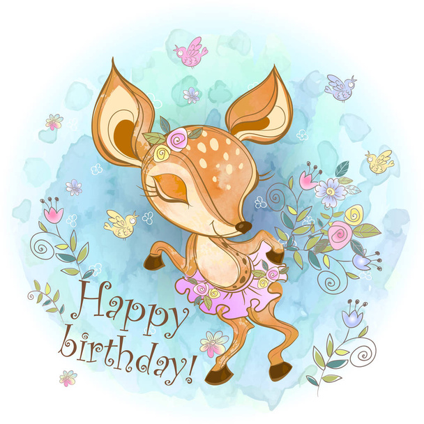 Birthday card with a cute fawn in a skirt. Vector. - Vettoriali, immagini