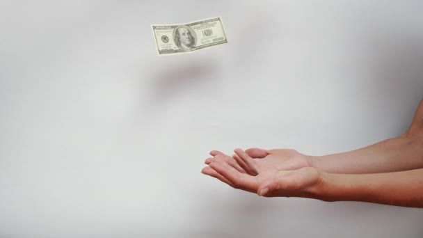 Womans hands try to catch falling US Dollar banknotes falling in slow motion against white background. - Felvétel, videó