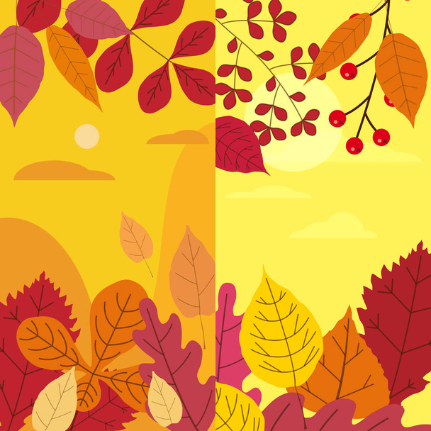 Establezca coloridas plantillas de otoño de hojas caídas de follaje amarillo anaranjado. Fondos historias de redes sociales banners. Plantilla para invitación a eventos, catálogo de productos, publicidad. Vector isoaltado
 - Vector, Imagen