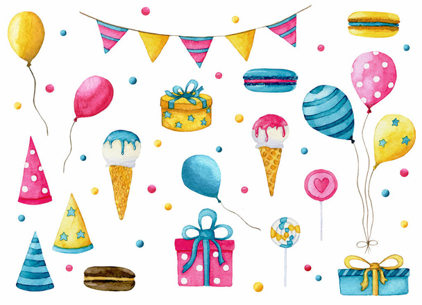 Um grande conjunto de aniversário aquarela feliz de clipart decoração desenhada à mão. Macaroons bonitos, sorvetes, bandeiras, balões, doces, doces, pirulitos, confetes, caixas de presente ilustrações isoladas em fundo branco
 - Foto, Imagem