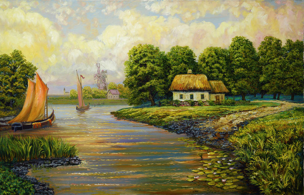                        Peinture sur toile. Paysage nocturne, près du bateau de rivière, village avec maisons ukrainiennes et moulin. Huile sur toile
.    - Photo, image