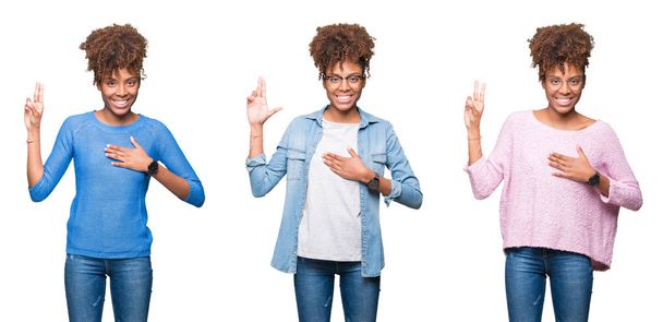 Collage of young beautiful african girl over isolated background Swearing with hand on chest and fingers, making a loyalty promise oath - Фото, изображение