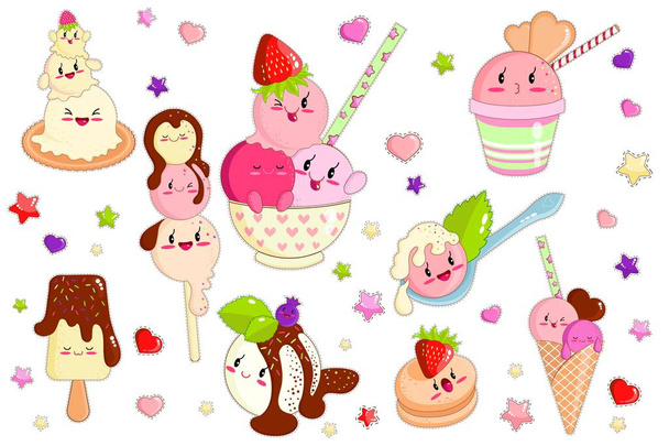 Kawaii Character Smiling Ice Cream with Fruits. - Vector, Imagen
