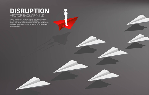 Silhouette of businesswoman standing on red origami paper airplane go different way from group of white. Business Concept of disruption and vision mission. - Vector, Image