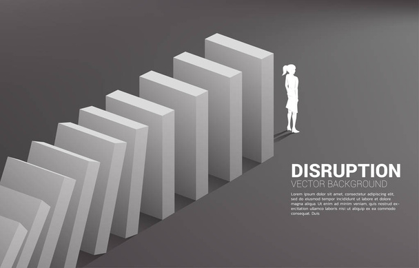 Silhouette of businesswoman standing at the end of domino collapse. Concept of business industry disrupt - Vector, Image